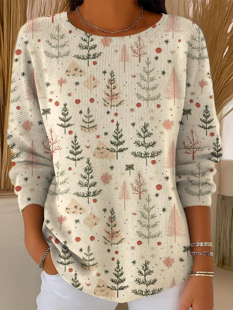 Women's Christmas Tree Art Print Casual Pullover Sweater