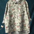 Chemise décontractée pour femme en coton et lin imprimé floral rose à motifs répétitifs, style vintage 