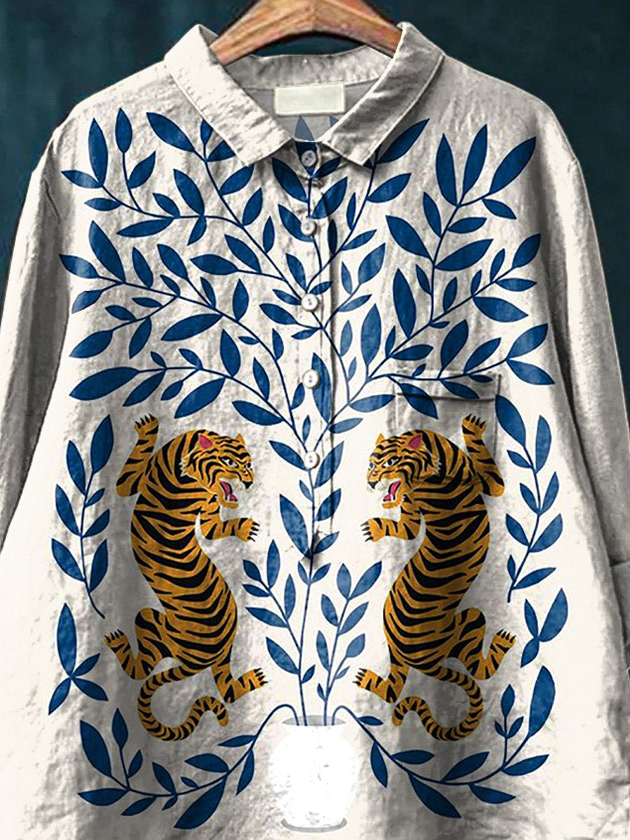 Tiger And Tree Symmetrical Graphic Printed Women's Casual Cotton And Linen Shirt