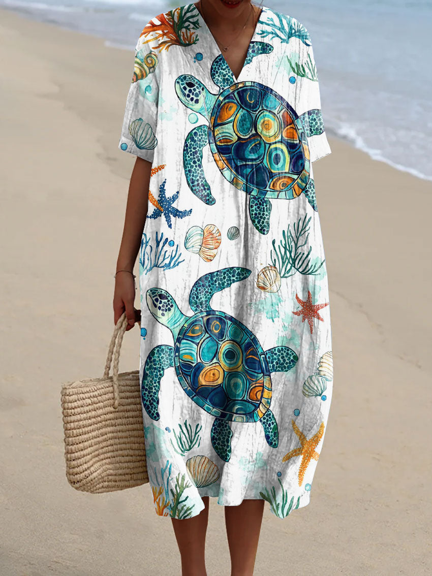 Women's Turtle Art Print Flowy Dress
