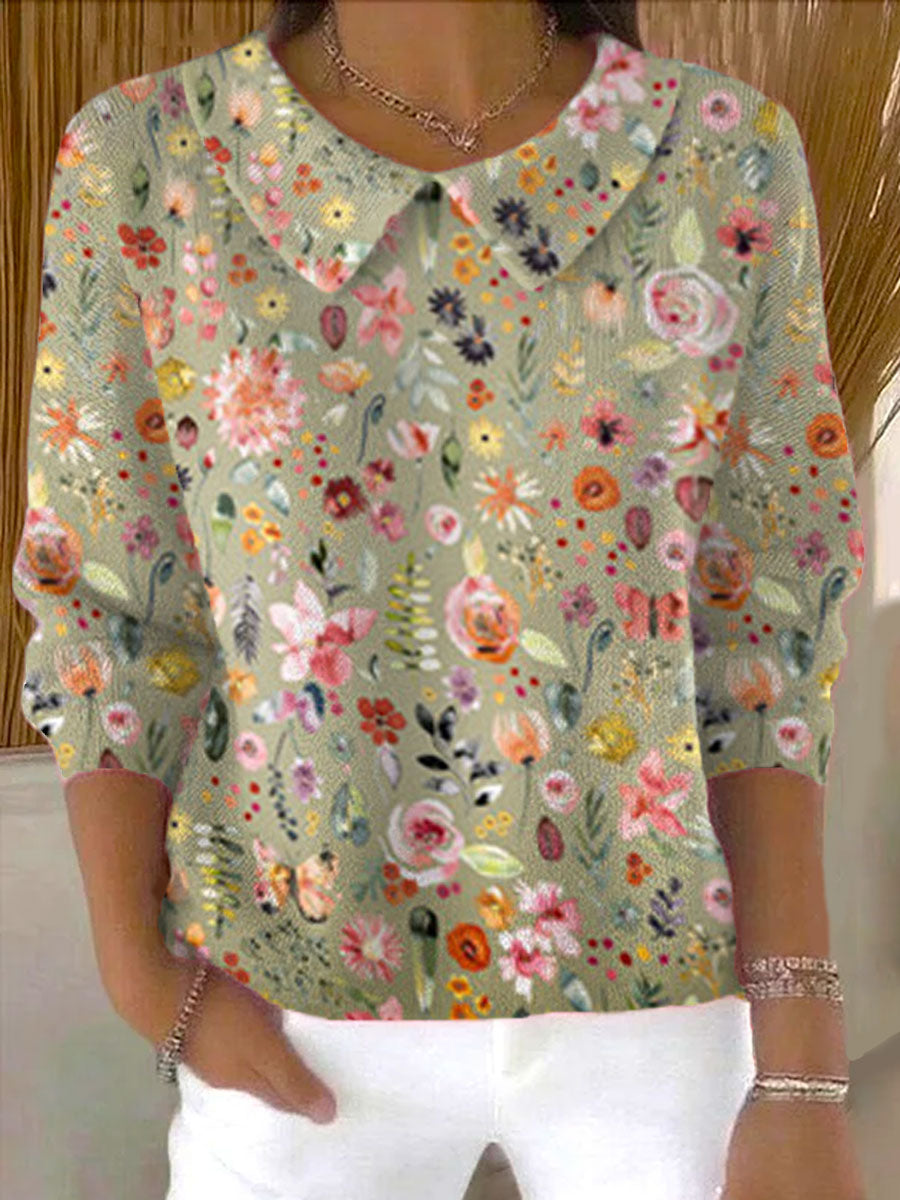 womens-vintage-flower-art-print-casual-peter-pan-collar-3-4-sleeve-sweater-awdx