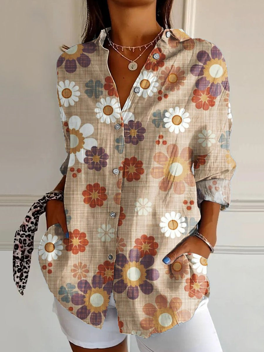 Women's Hippie Floral Art  Print Casual Cotton Shirt