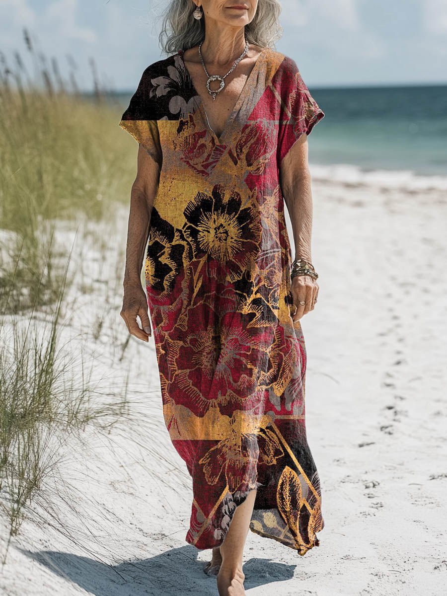 Women's Vintage Lovely Floral Art Print Pocket Cotton Dress