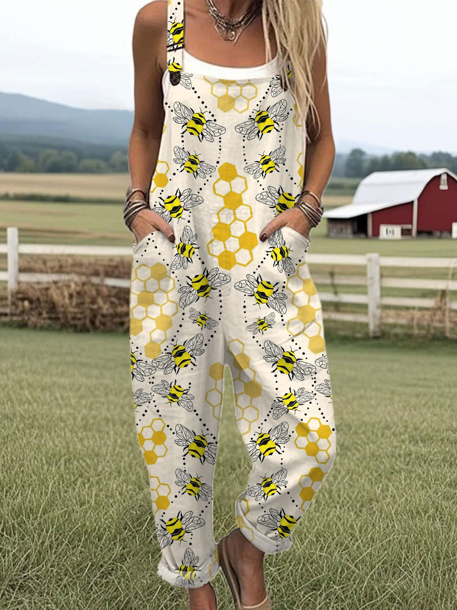 Women's  Funny Bee Art Print Casual 100% Cotton Wide Leg Jumpsuit