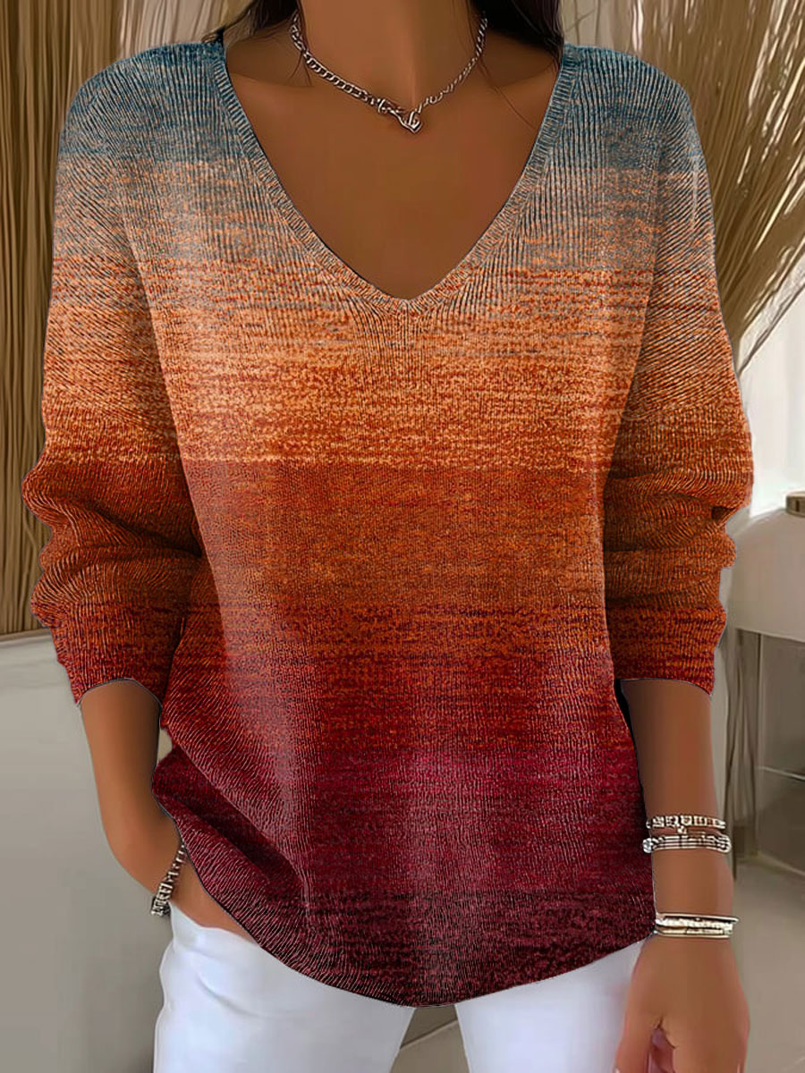 Women's Autumn Gradient Striped Casual Pullover Sweater
