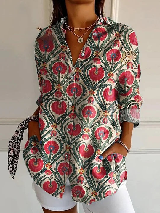 Women's  Flower Art Print Casual Cotton Shirt