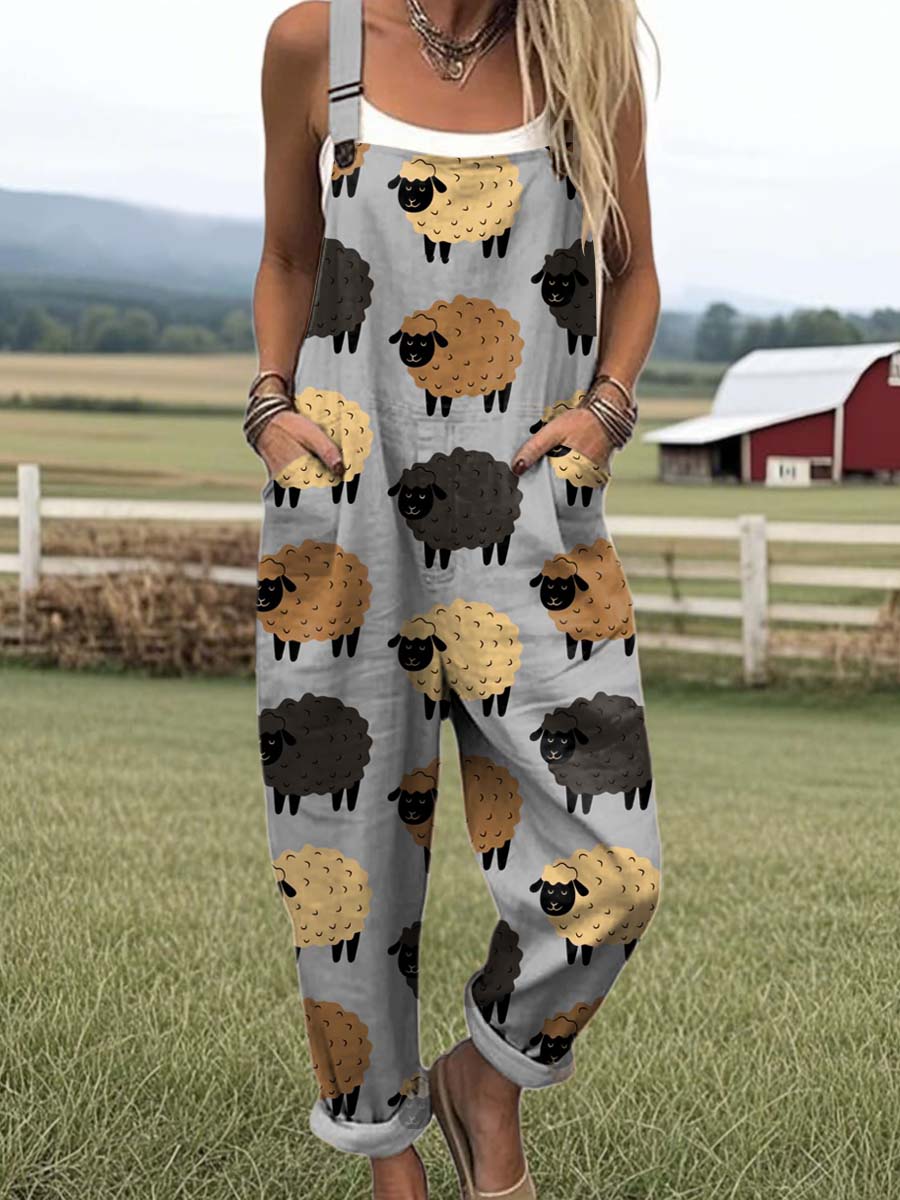 Women's Lovely Sheep Art Print Casual 100% Cotton Wide Leg Jumpsuit