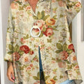 Women's Retro Floral Art Print Casual Cotton And Linen Shirt