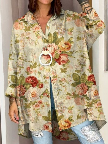Women's Retro Floral Art Print Casual Cotton And Linen Shirt