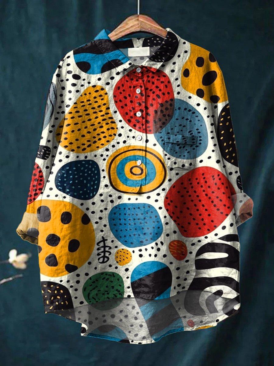 Women's Retro Colorful Circular Dot Illustration Print Casual Cotton And Linen Shirt