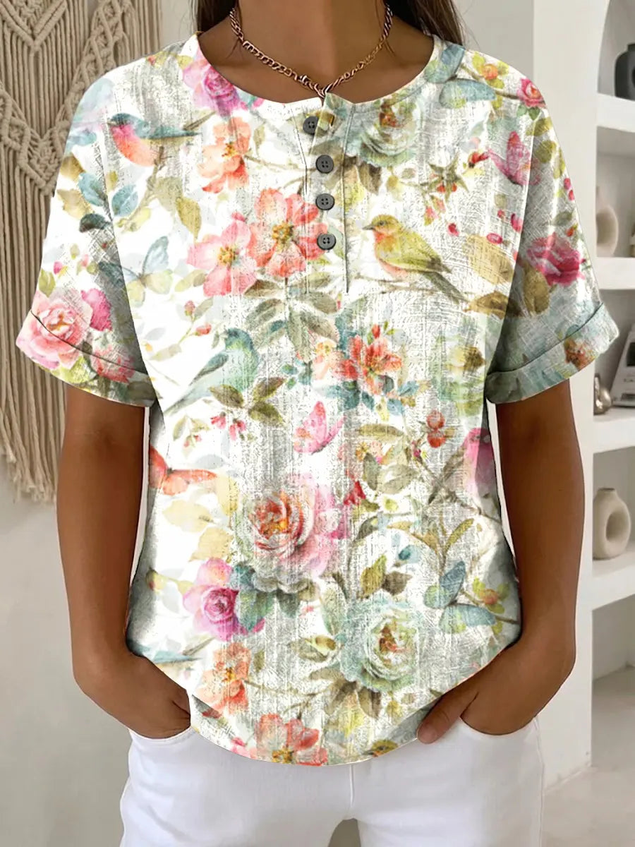 Women's Flower Pattern Printed Cotton Linen Top
