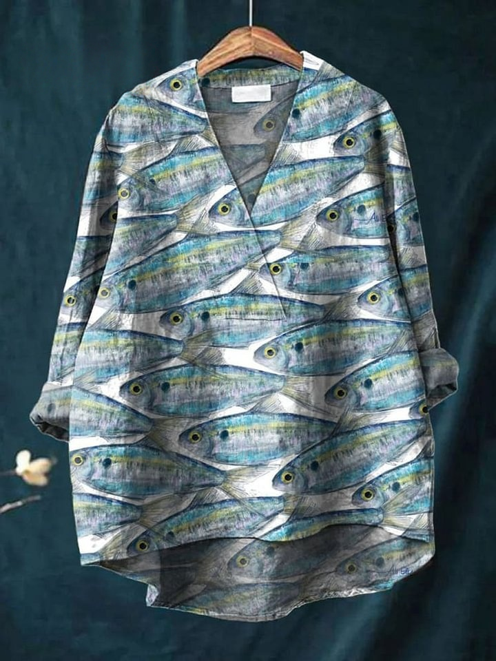Women's Ocean Fish Art Print Casual Cotton And Linen V-neck Shirt