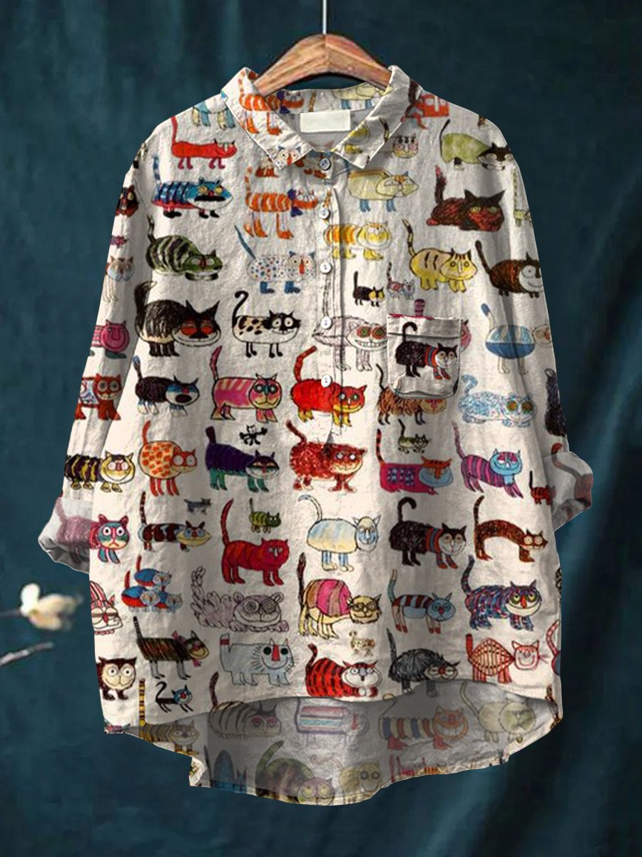Women's Cat Print Casual Cotton And Linen Shirt
