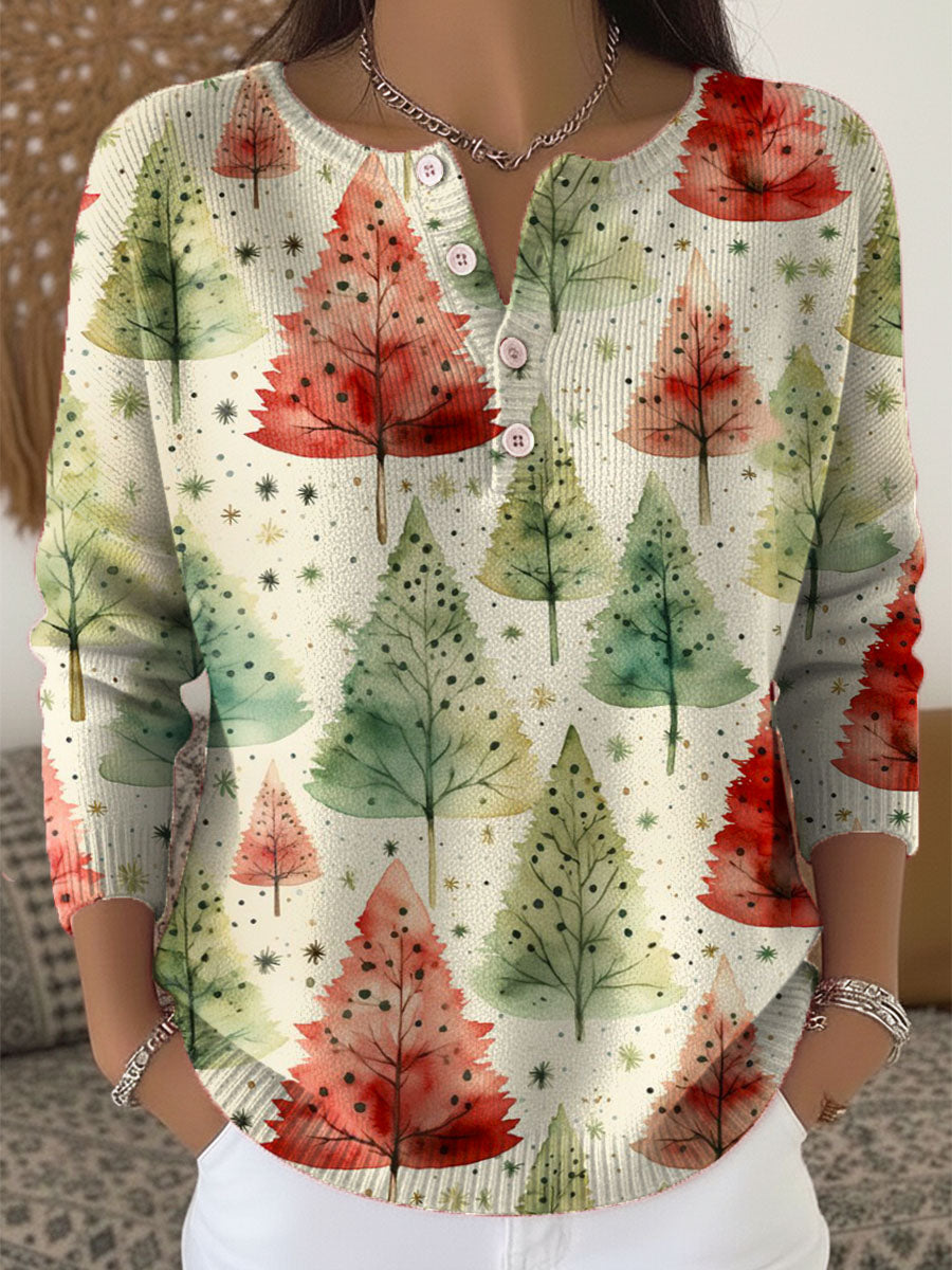 Women's Christmas Tree Art Print Buttoned Cardigan Sweater