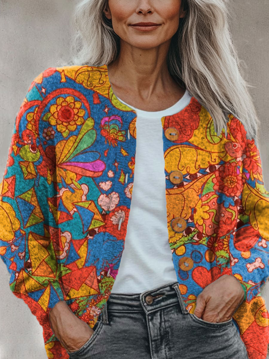 Floral Multicolor Geometric Patchwork Abstract Print Buttoned Cardigan Sweater