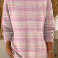 Women's Pink Striped Plaid Pattern Casual Pullover Sweater