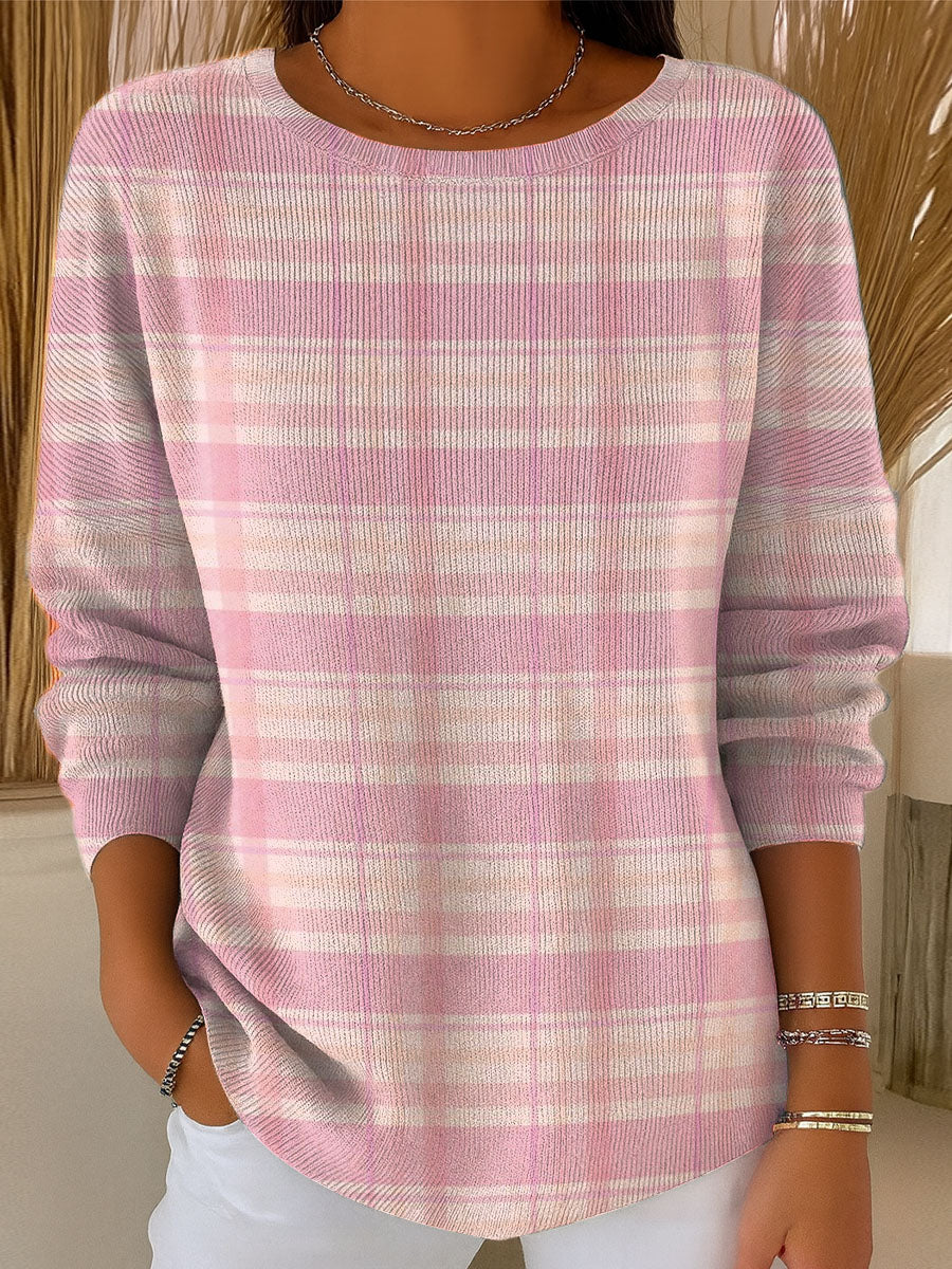 Women's Pink Striped Plaid Pattern Casual Pullover Sweater