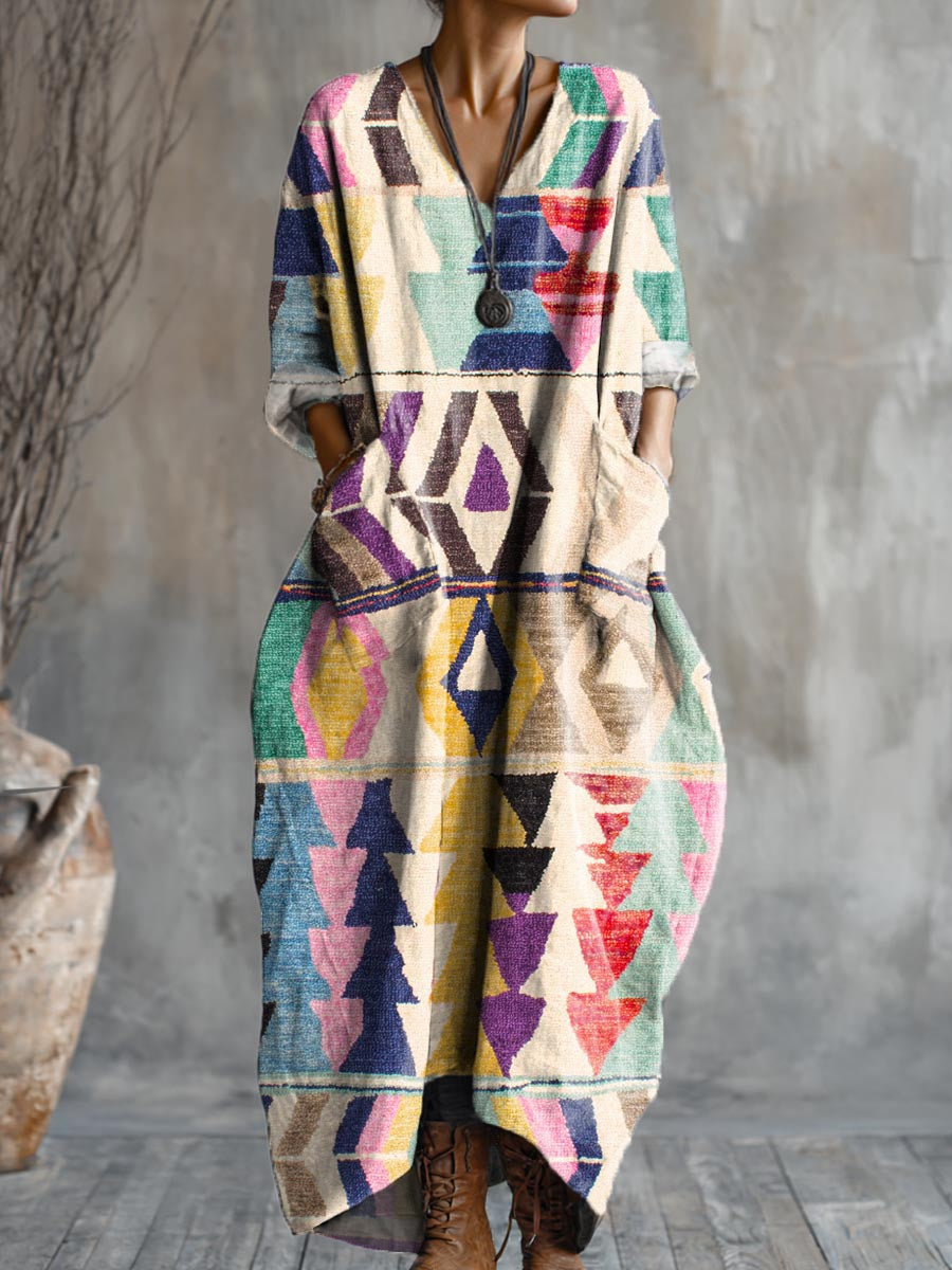 Women's Geometric Art Pattern Print Pocket V-neck Cotton Dress