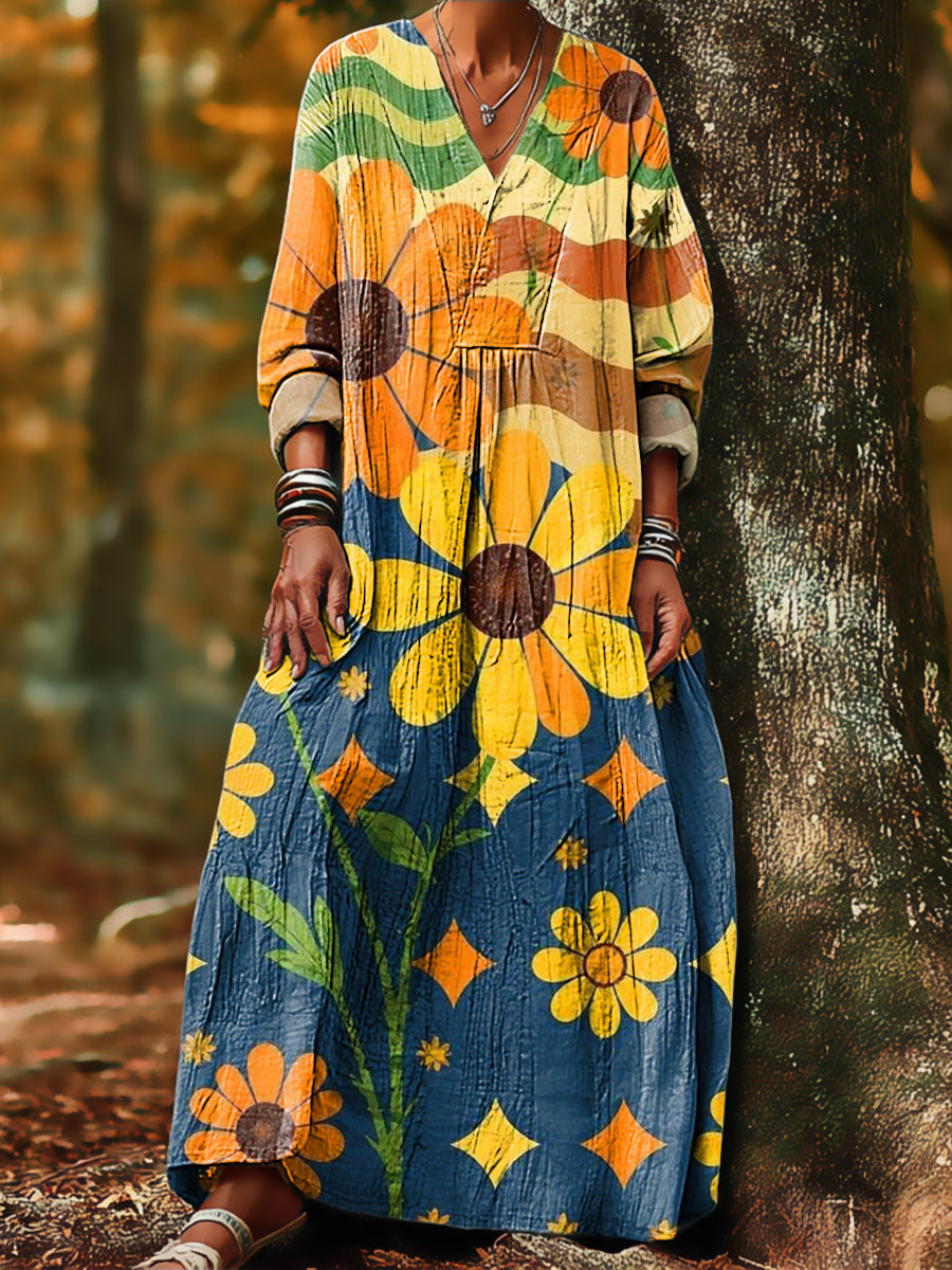Women's Vintage Abstract Big Sunflower Corrugated Painting Art Print Dress