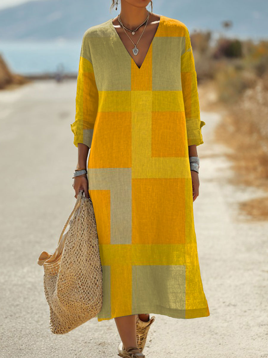 Women's  Vintage Abstract Geometric Art Print Pocket Cotton Dress