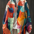 Women's Beautiful Colorful Geometric Cat Painting Art Print Casual Cotton And Linen Shirt