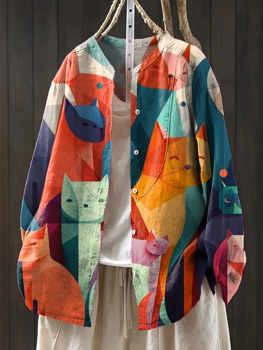 Women's Beautiful Colorful Geometric Cat Painting Art Print Casual Cotton And Linen Shirt