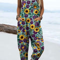 Women's Vintage Flower Art Print Casual 100% Cotton Wide Leg Jumpsuit