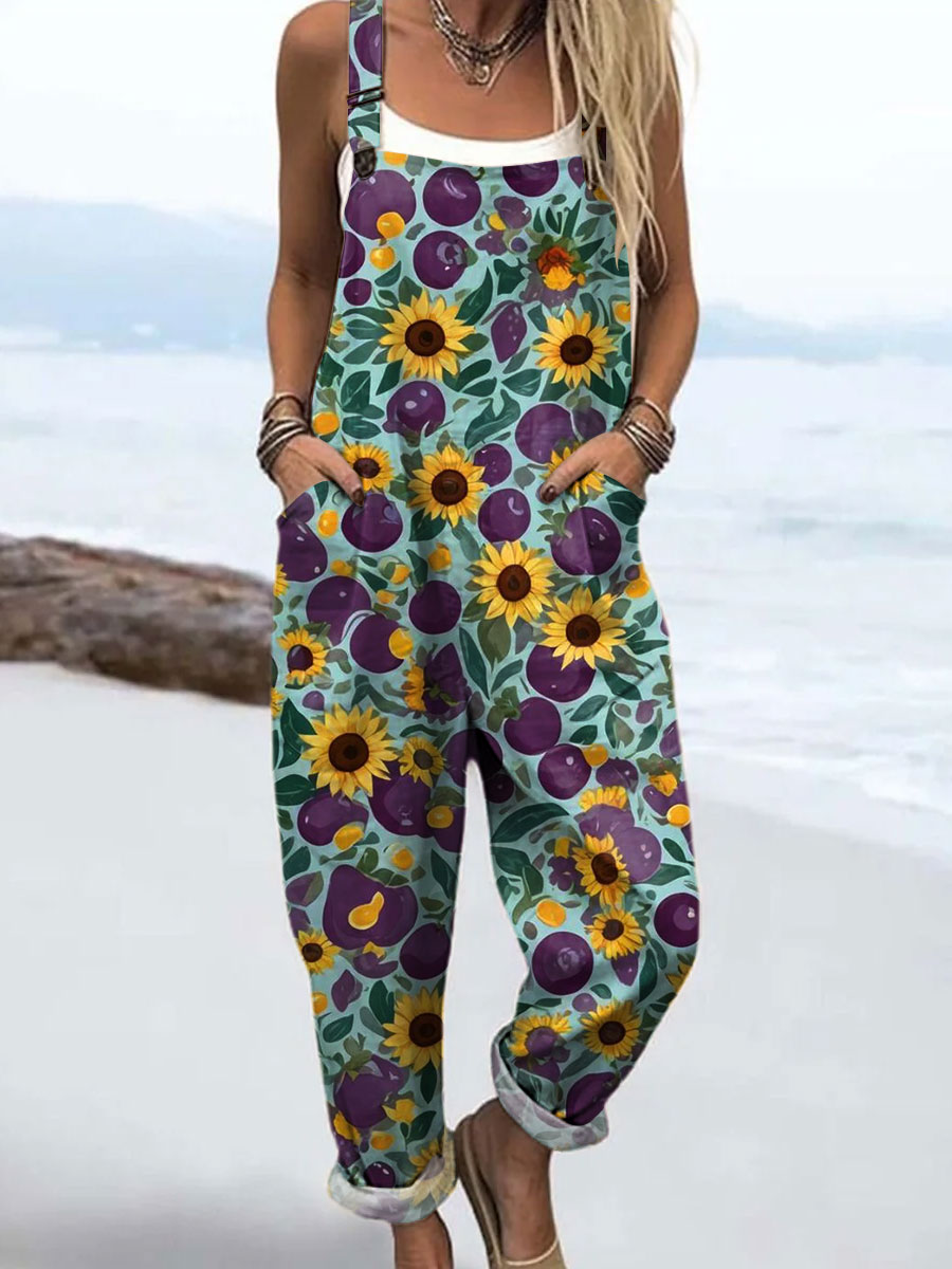 Women's Vintage Flower Art Print Casual 100% Cotton Wide Leg Jumpsuit