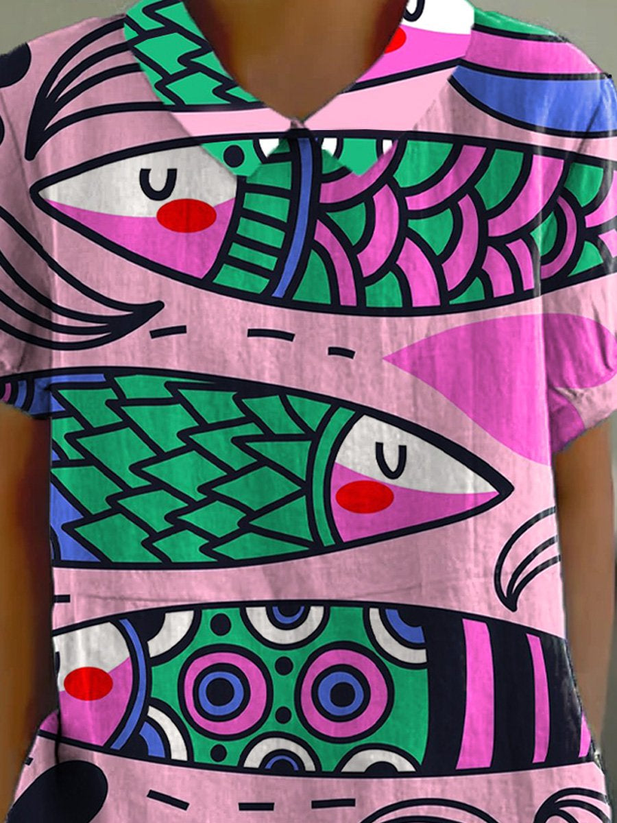 Lovely Line Drawing Fish Pattern Printed Women's Casual Cotton And Linen Shirt
