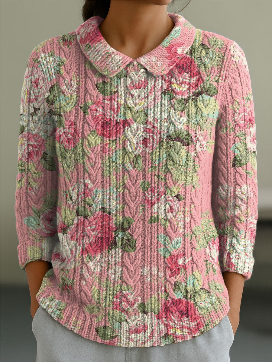 womens-vintage-floral-art-print-casual-peter-pan-collar-3-4-sleeve-sweater-vdeh