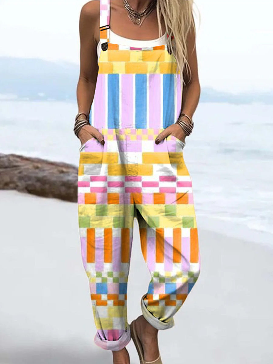 Women's Colorful Art Geometry Print Casual 100% Cotton Wide Leg Jumpsuit