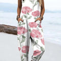 Women's Vintage Art Oil Painting Flowers Print Casual 100% Cotton Wide Leg Jumpsuit