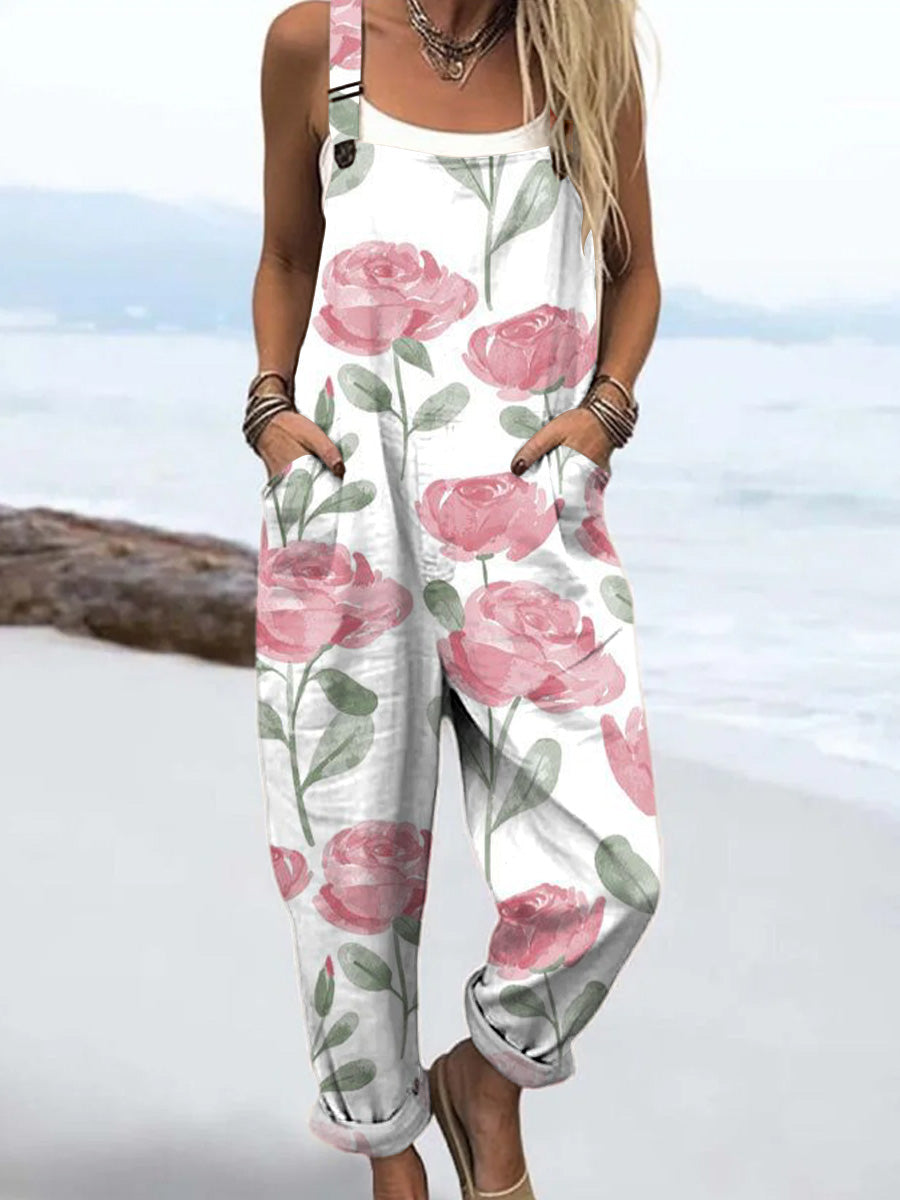 Women's Vintage Art Oil Painting Flowers Print Casual 100% Cotton Wide Leg Jumpsuit