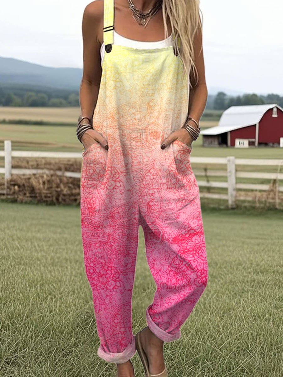 Women's Vintage Gradient Flower Art Print Casual 100% Cotton Wide Leg Jumpsuit