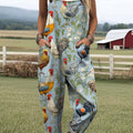 Women's Lovely Chicken Art Print Casual 100% Cotton Wide Leg Jumpsuit