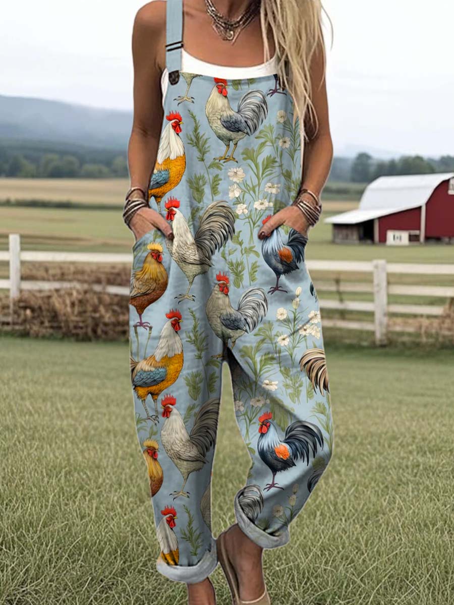 Women's Lovely Chicken Art Print Casual 100% Cotton Wide Leg Jumpsuit
