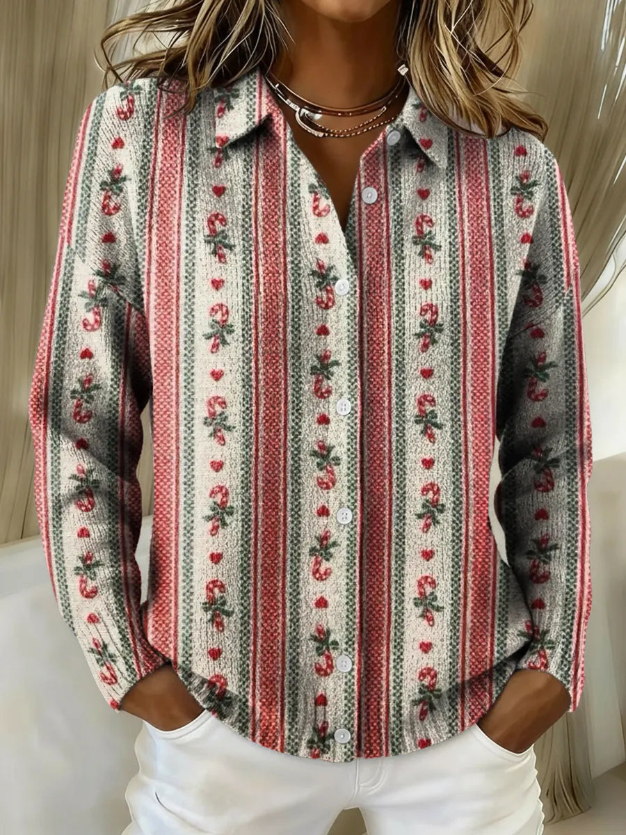 Women's Christmas-themed Stripes Printed Collared Sweater
