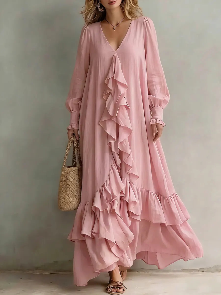 Women's Elegant Lace-trimmed V-neck Loose Cotton And Linen Dress