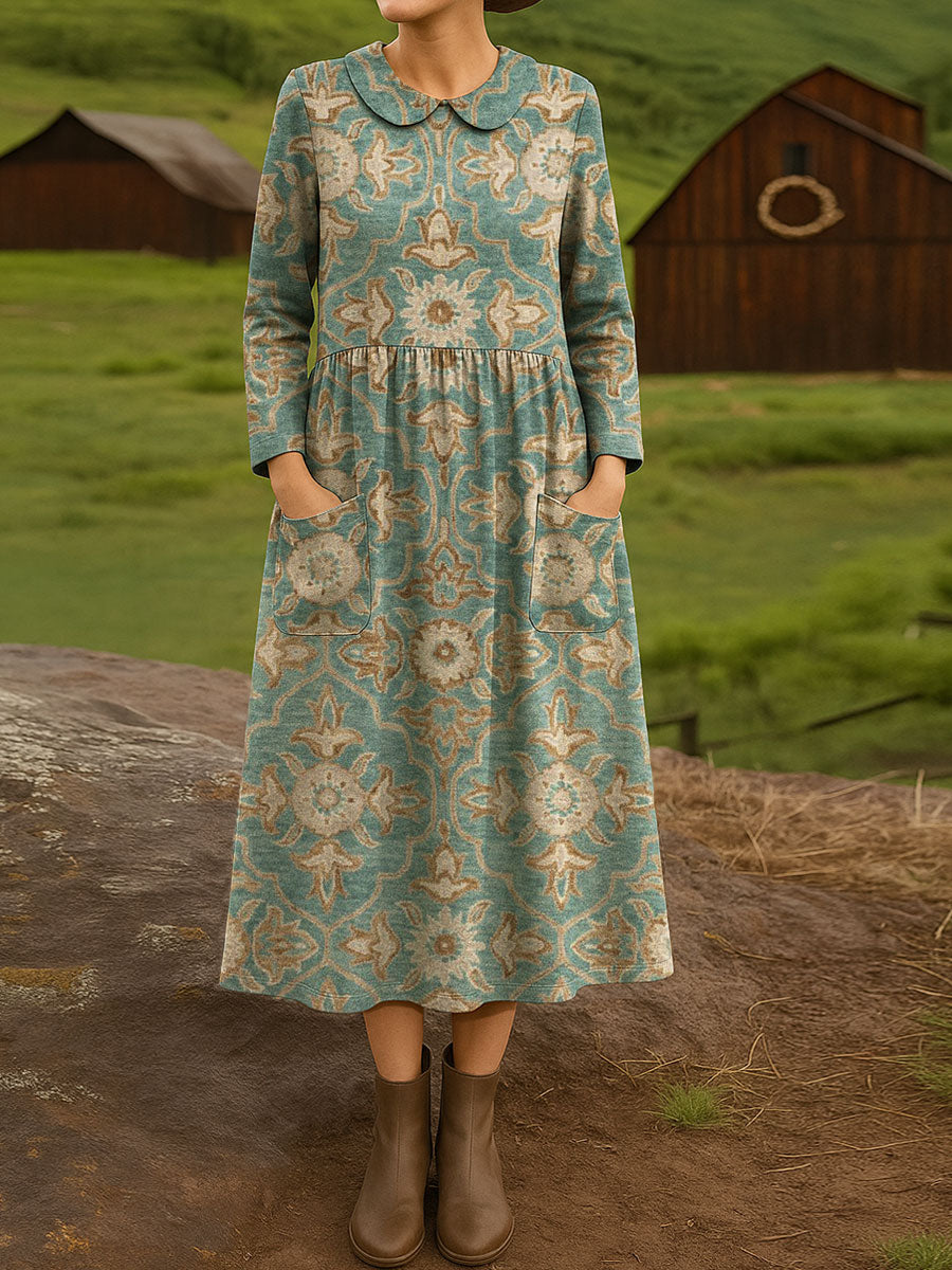 Women's Vintage Flower Art Print Cotton Lapel Button-Down Shirt Dress