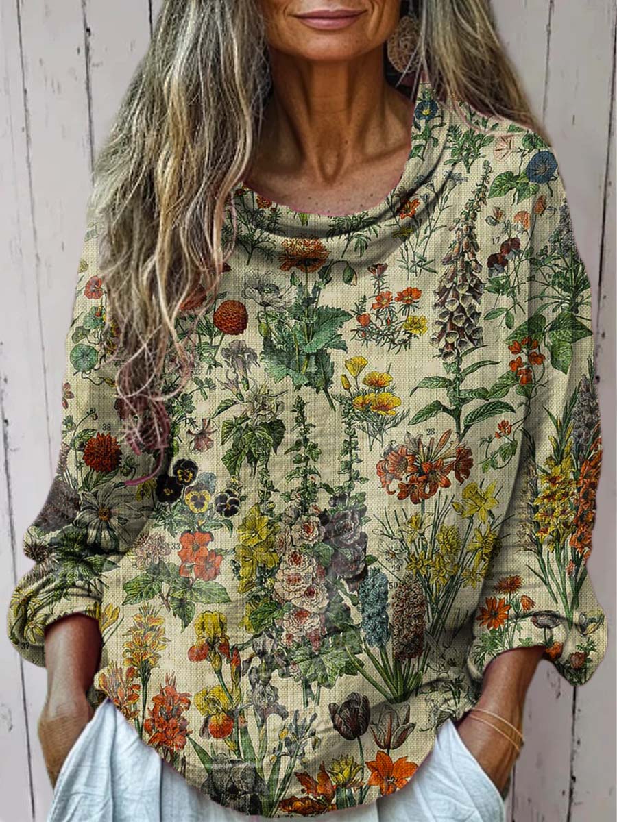 Women's Vintage Floral Art Print Casual Long Sleeve Comfortable Cotton Shirt