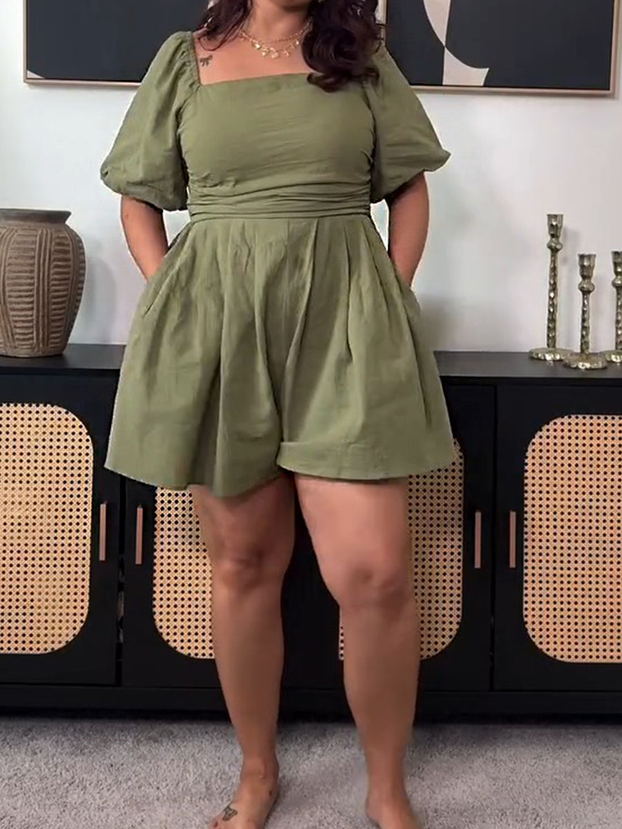 Women Solid Color Square Neck Short Sleeves Elastic Waist Casual Linen Wide Leg Jumpsuit