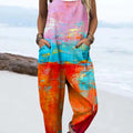 Women's Abstract Pattern Art Print Casual 100% Cotton Wide Leg Jumpsuit