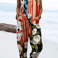 Women's Vintage Abstract Geometric Flower Art Print Casual 100% Cotton Wide Leg Jumpsuit