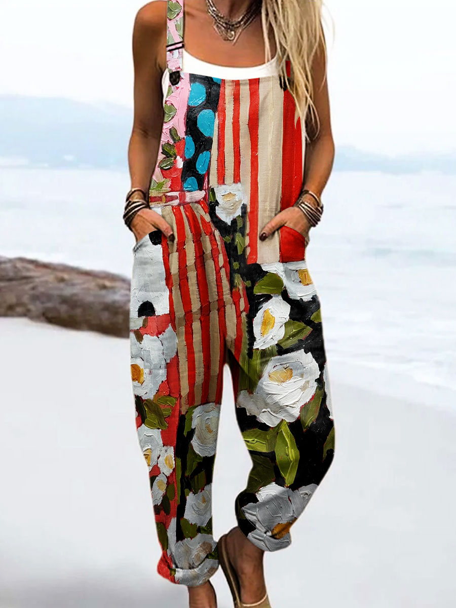 Women's Vintage Abstract Geometric Flower Art Print Casual 100% Cotton Wide Leg Jumpsuit