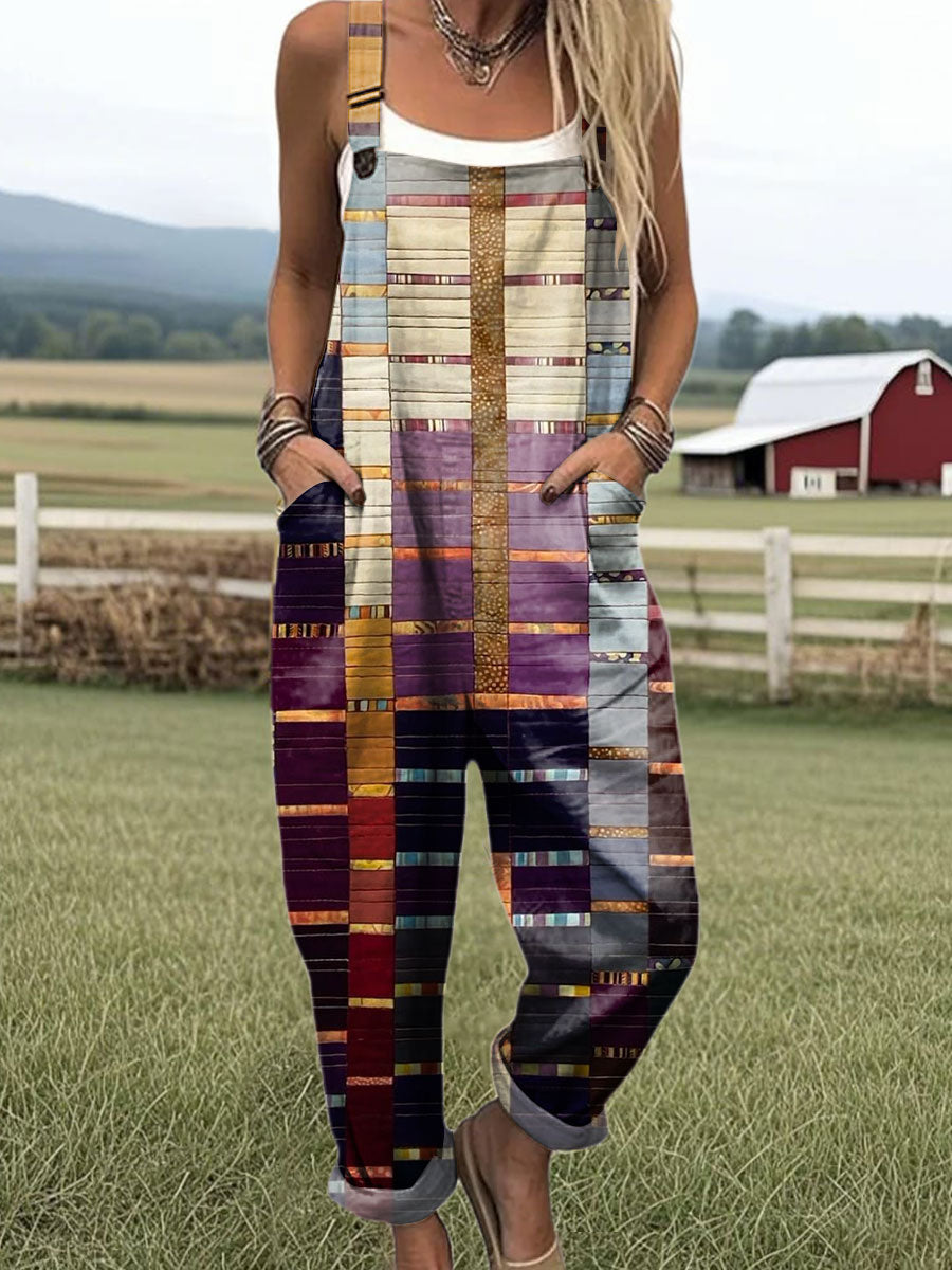 Women's  Vintage Abstract Geometric Art Print Casual 100% Cotton Wide Leg Jumpsuit