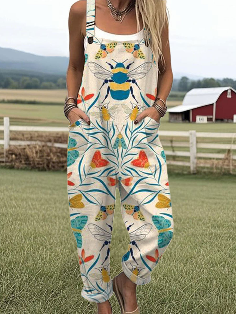 Women's  Funny  Bee Art Print Casual 100% Cotton Wide Leg Jumpsuit