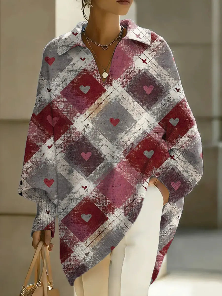 Women's Valentine's Day Heart Art Print Casual Knit Sweater