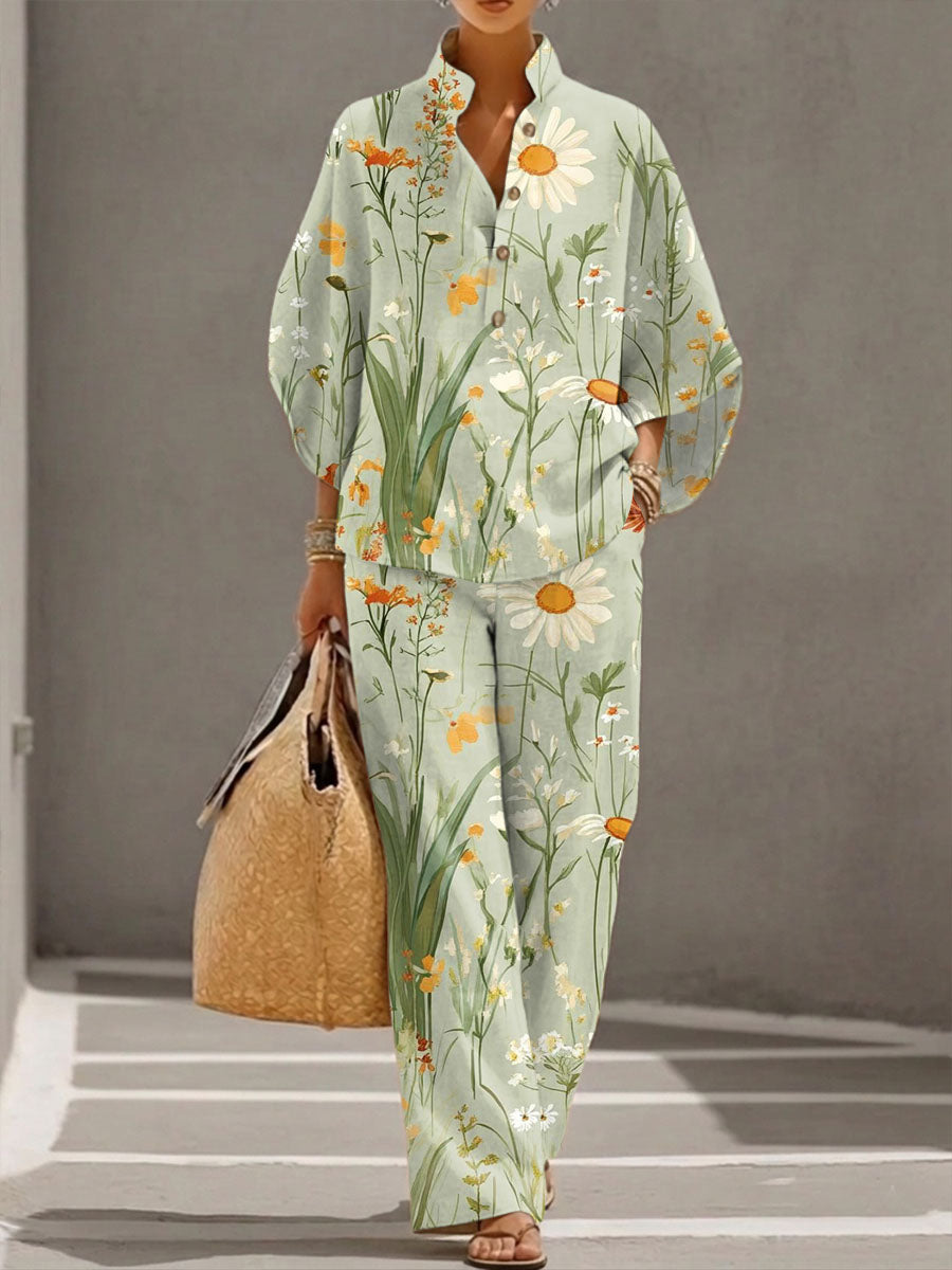 Women's Floral Print Casual Cotton-linen Two-piece Set