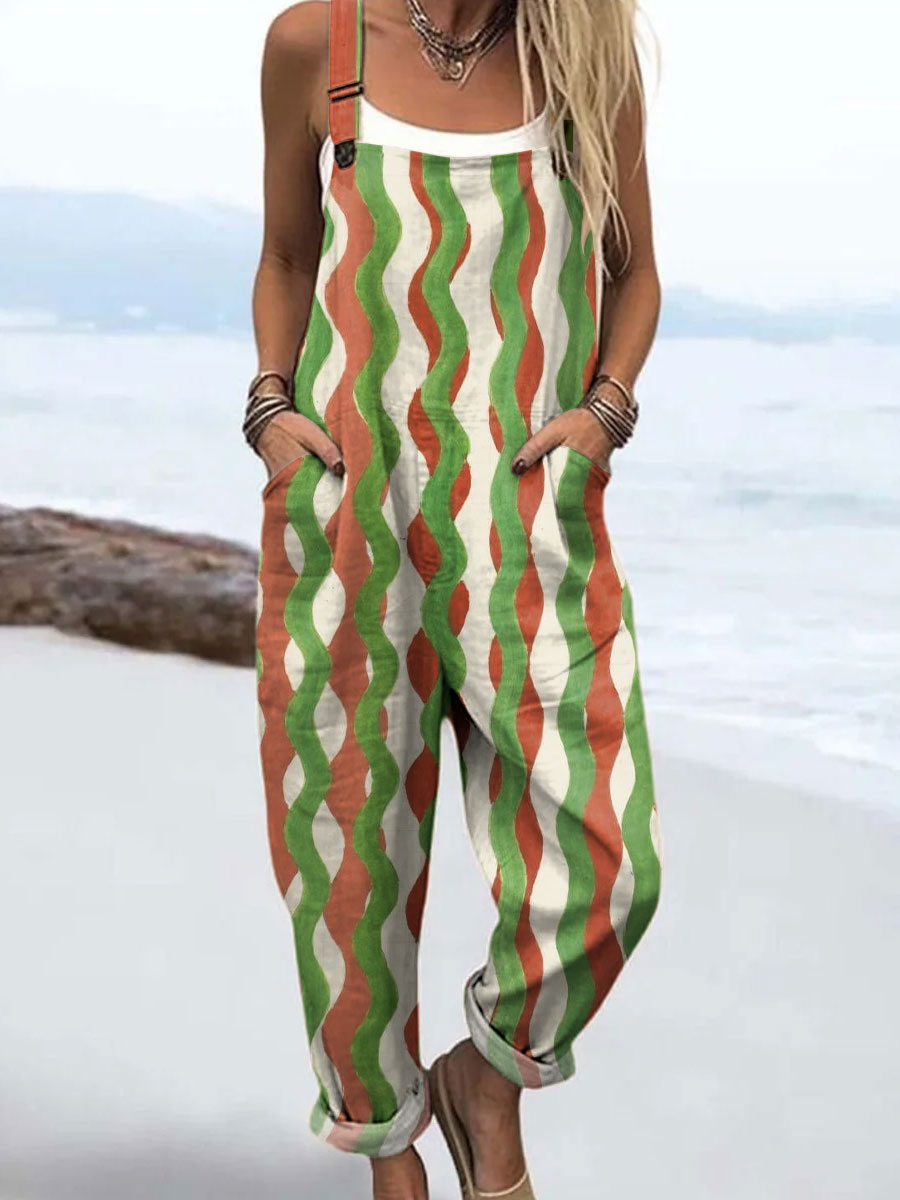 Women's Vintage Color Block Line Art Print Casual 100% Cotton Wide Leg Jumpsuit