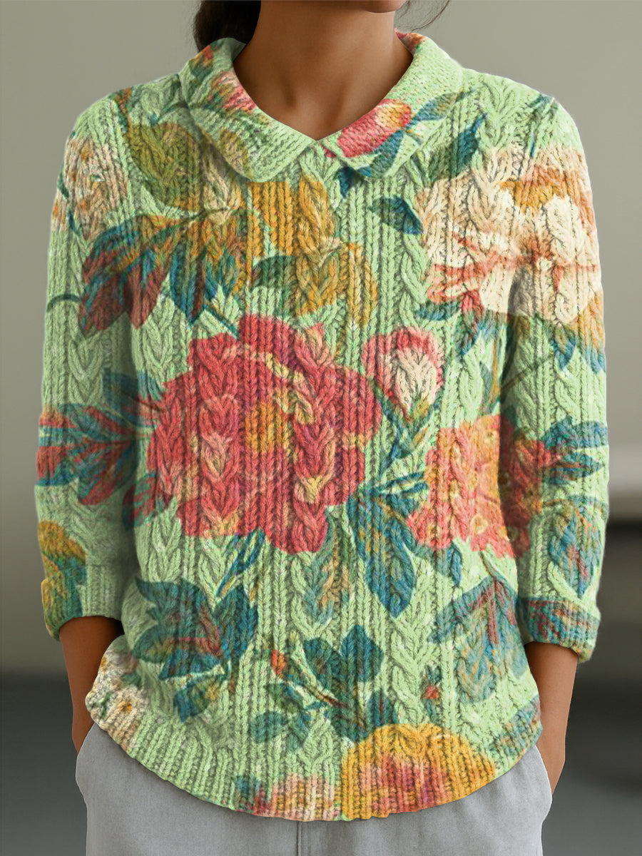 womens-vintage-large-flower-painting-art-print-casual-peter-pan-collar-3-4-sleeve-sweater